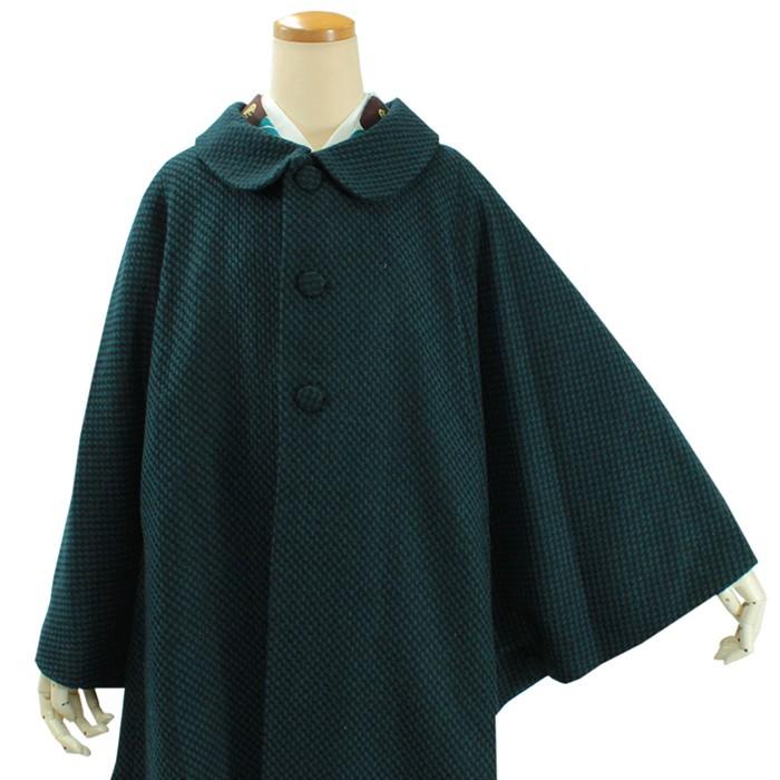 着物 コート ケープ ポンチョ 冬 グリーン チェック 丸衿 フリーサイズ