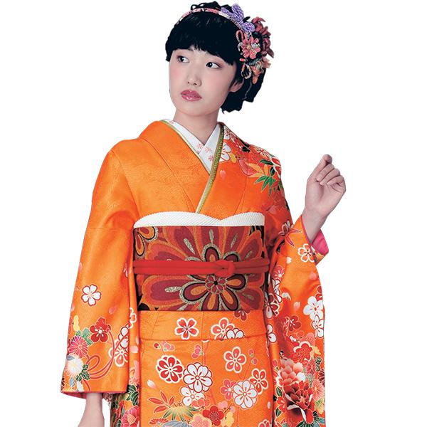 H.L（アッシュ・エル） 振袖3点セット 渋濃オレンジ地吉祥華紋様 振袖