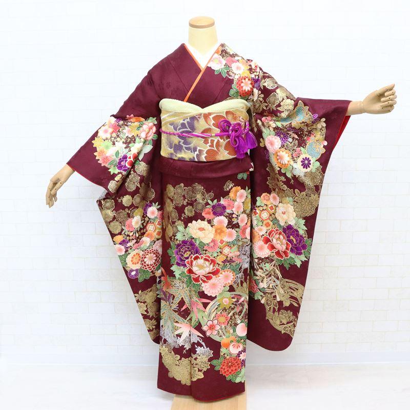 振袖レンタル 成人式 フルセット 1月 ワインレッド 赤紫 バーガンディ