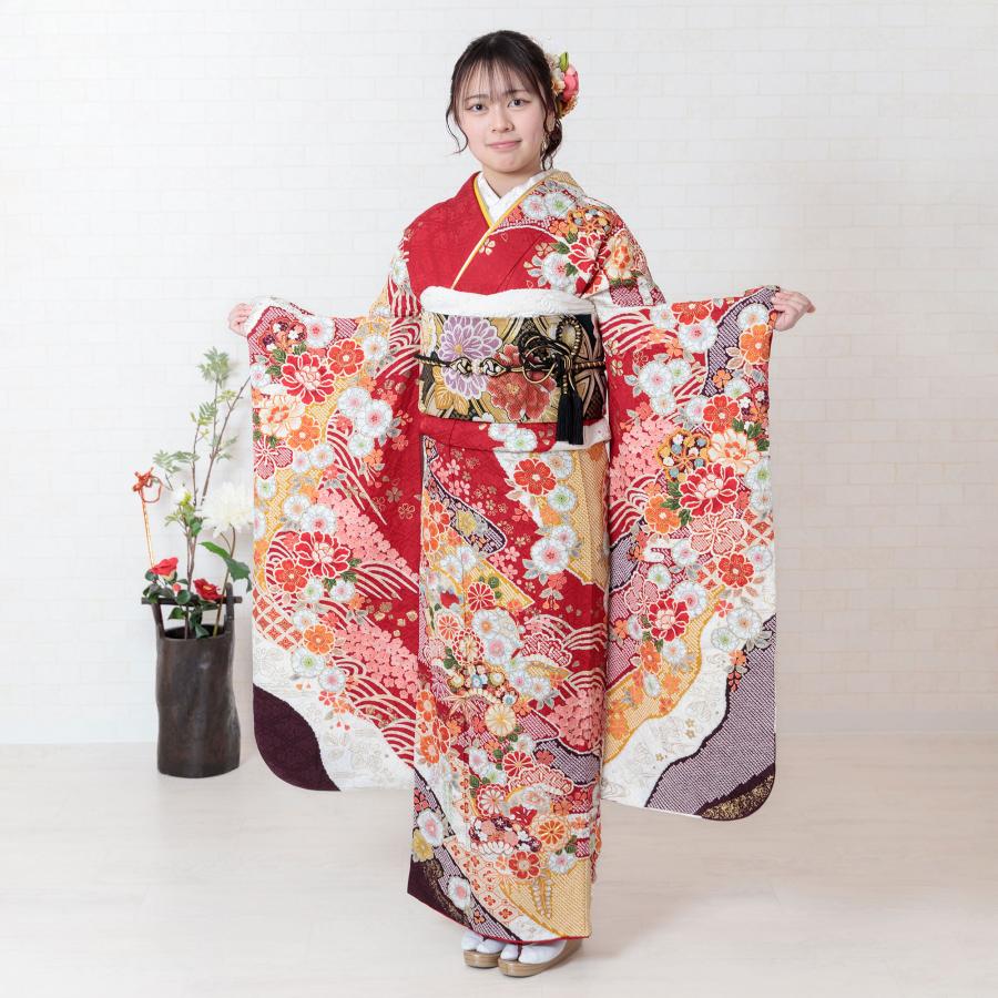 振袖レンタル 成人式 フルセット 1月 振袖 レンタル 赤 花 鹿の子