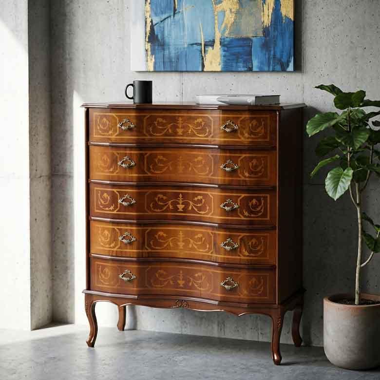 イタリア 5段 チェスト 茶 87cm 象嵌 ロココ調 家具 猫脚 完成品