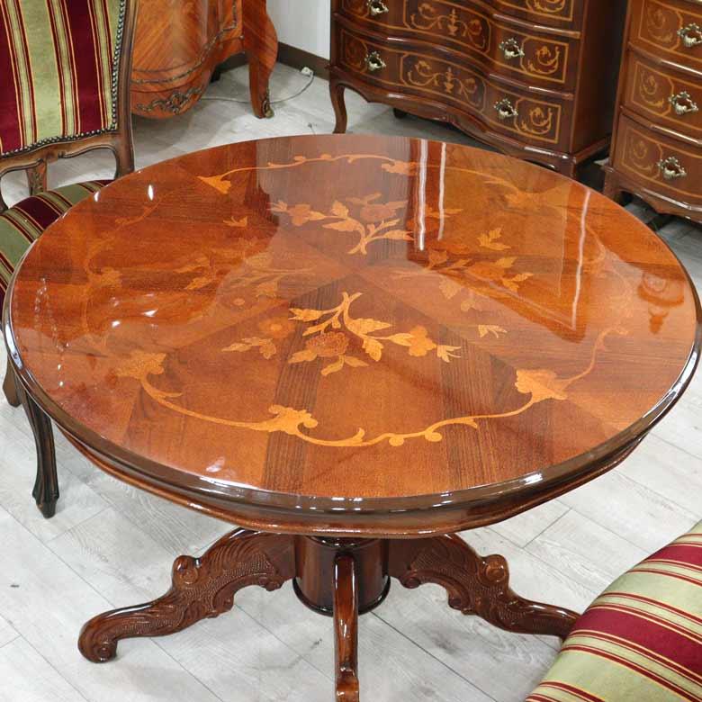 イタリア ダイニングテーブル 3点セット 90cm 円形 象嵌 2人用 金華山