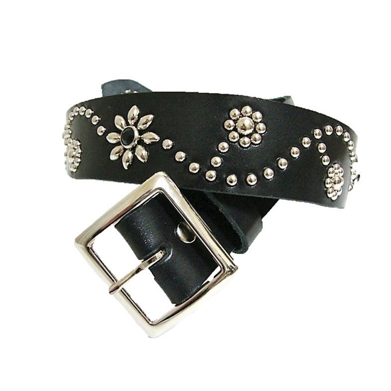 栃木レザー フラワー型 スタッズベルト 黒 ブラックスポッツ 日本製