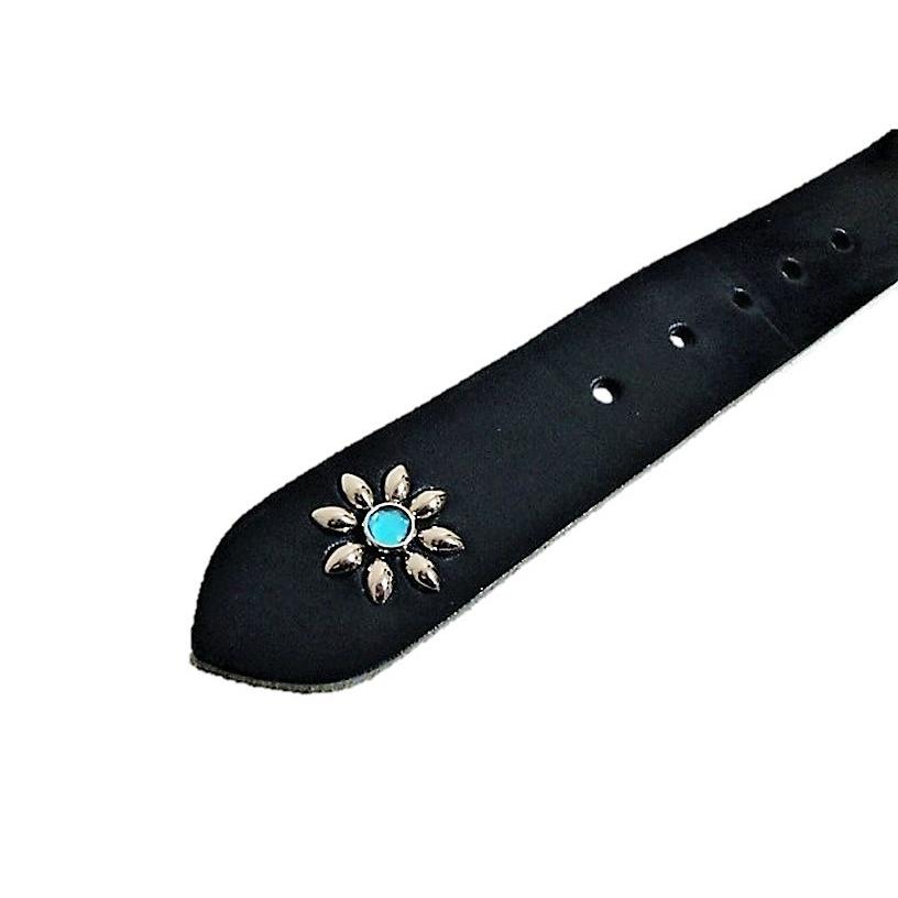 栃木レザー フラワー型 スタッズベルト ネイビー アクアブルースポッツ