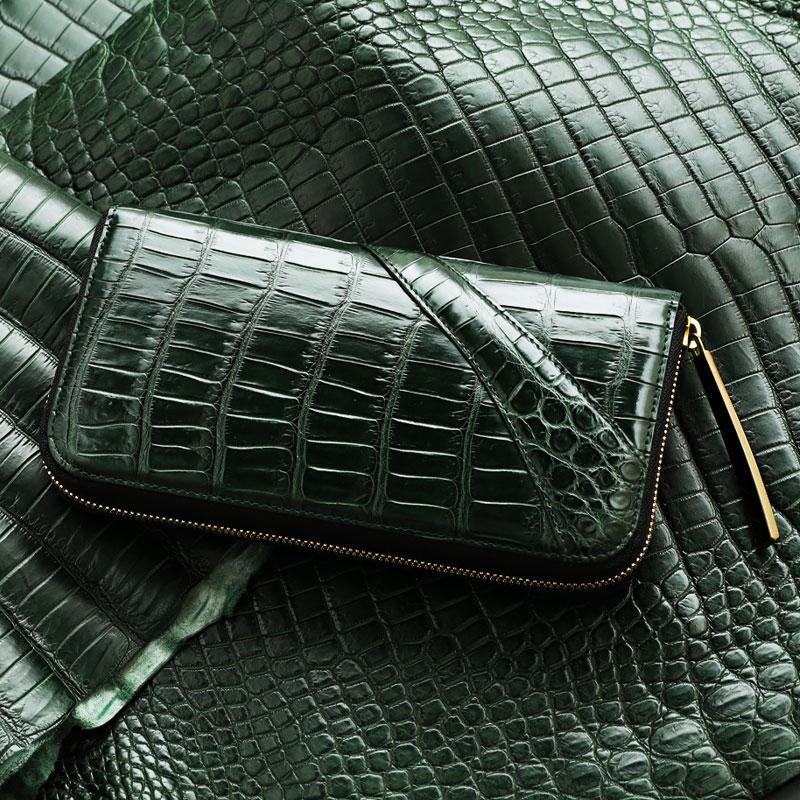 クロコダイル財布 金運財布 縁起財布 マットクロコ 緑 メンズ 長財布