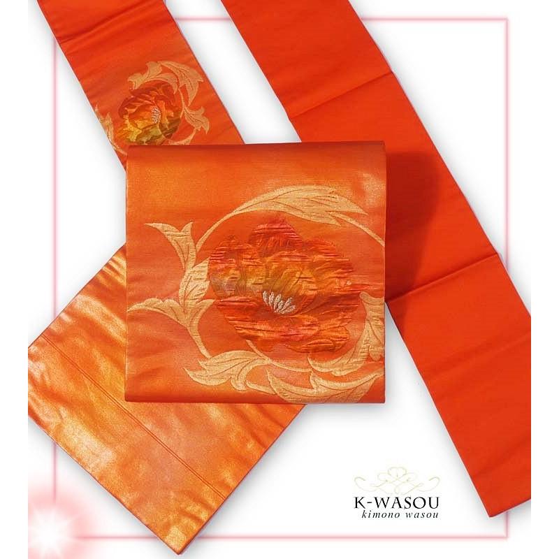 正絹 名古屋帯リサイクル 名古屋帯 オレンジ 名古屋帯|格安 帯