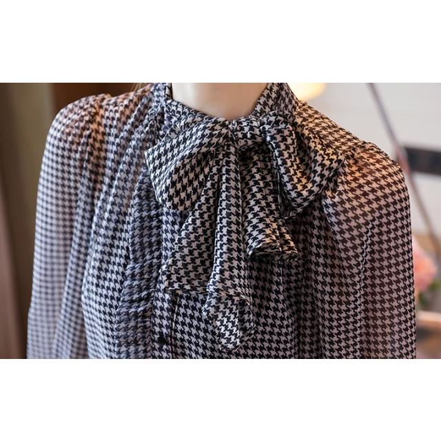 ボウタイブラウス シャツ ブラウス トップス レディース 長袖 千鳥格子