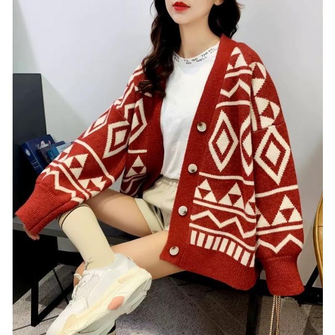 ニットカーディガン 秋冬 レディース トップス 長袖 幾何学模様