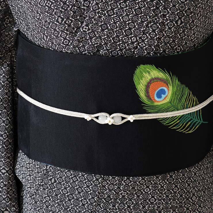 撫松庵 細帯 半巾帯 孔雀の羽根 (黒/103-102-013-88) リバーシブル