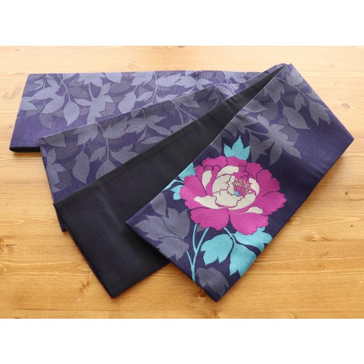 撫松庵 夏向け 細帯（半巾帯）牡丹（コン 100-302-001-78）紺 紫 花