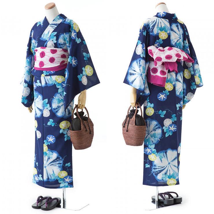 撫松庵 浴衣 レディース セオアルファ 洗える 絞り朝顔 紺 ネイビー