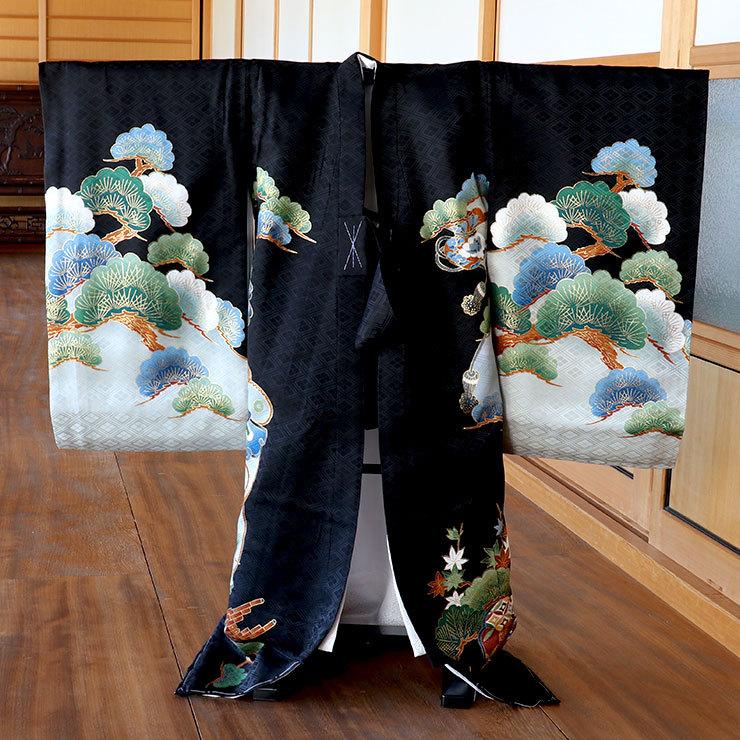 お宮参り 男の子 初着 産着 鷹に兜 黒色 正絹 一つ身 鷹 兜 松 堤太鼓