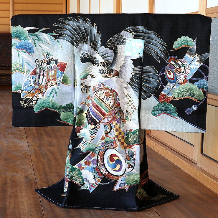 お宮参り 男の子 初着 産着 鷹に陣太鼓 黒色 正絹 一つ身 鷹 防具 松