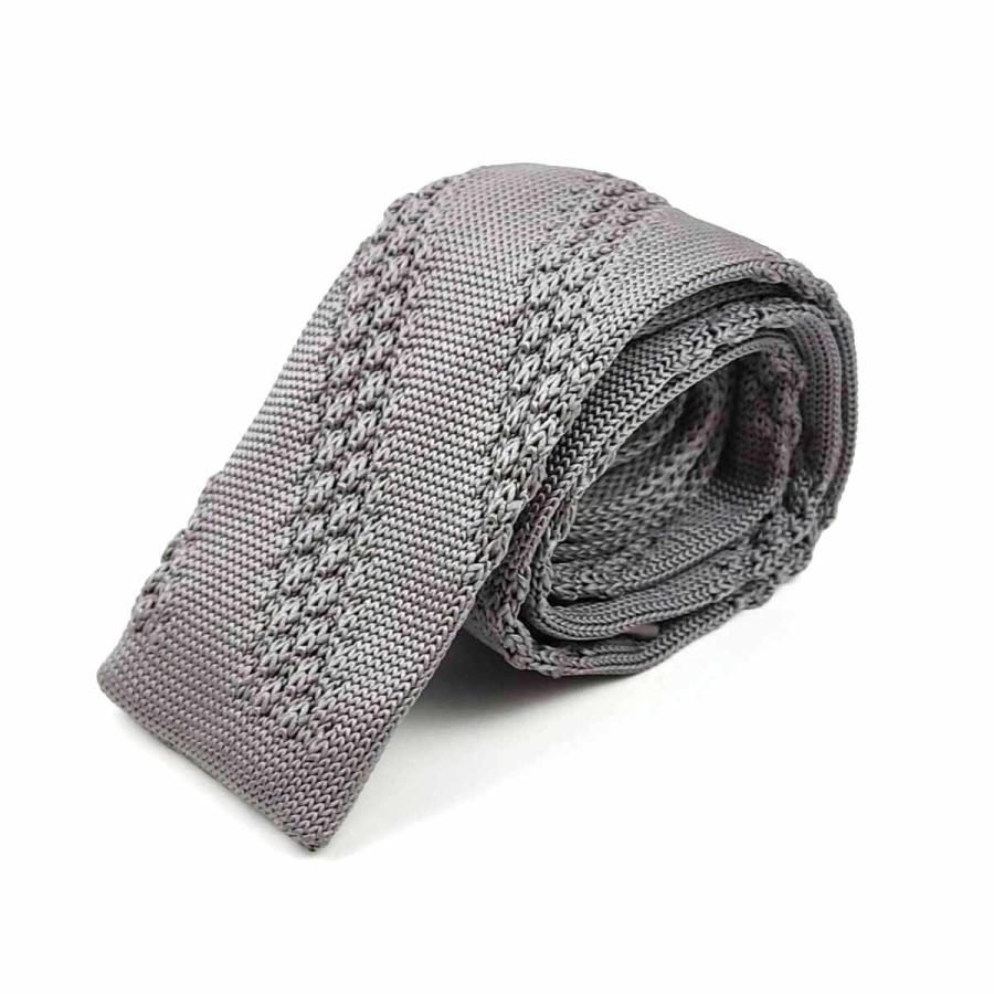 ニットタイ ナローネクタイ グレー 無地 編み込み ストライプ 幅5.5cm