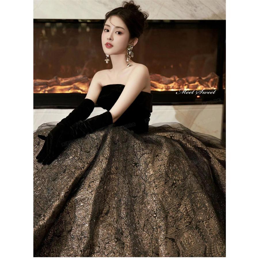 カラードレス プリンセスライン ブラック ベアトップ 黒 ロングドレス