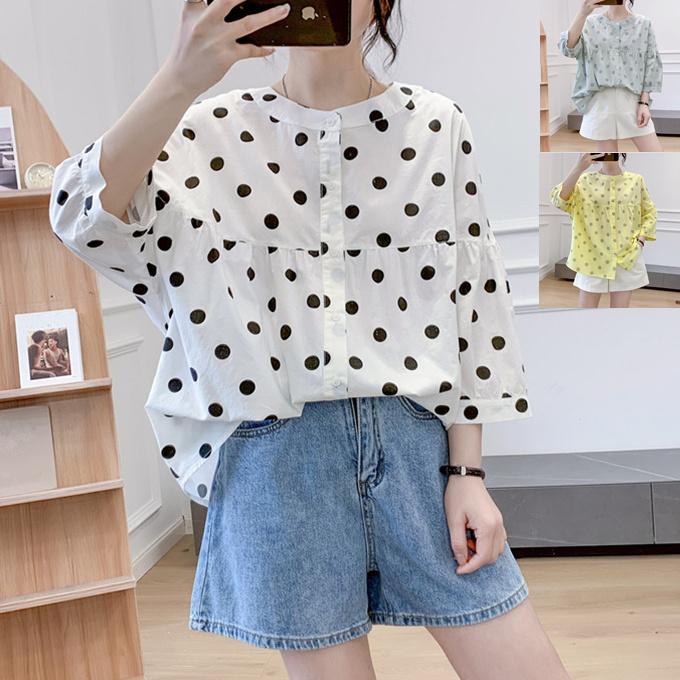 レディース ドット ブラウス 水玉 大きめ水玉 カラー シャツ ラウンド