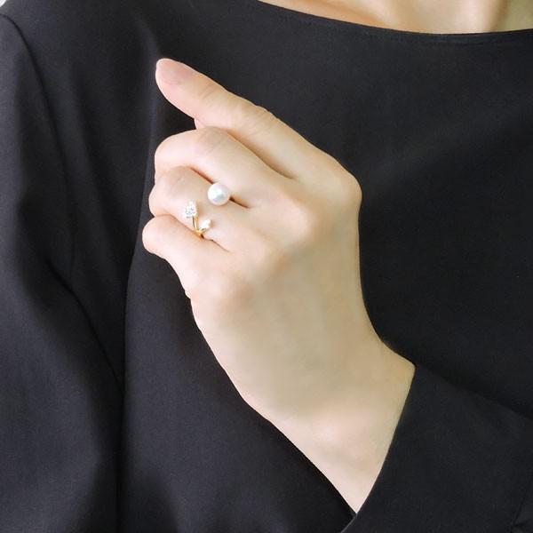 パール リング k18 18金 あこや本真珠 ダイヤ パヴェ ダイヤモンド C型