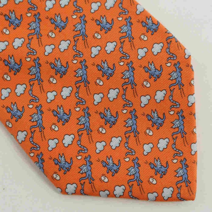 HERMES（エルメス） ドラゴン柄 レギュラーネクタイ/5659/オレンジ