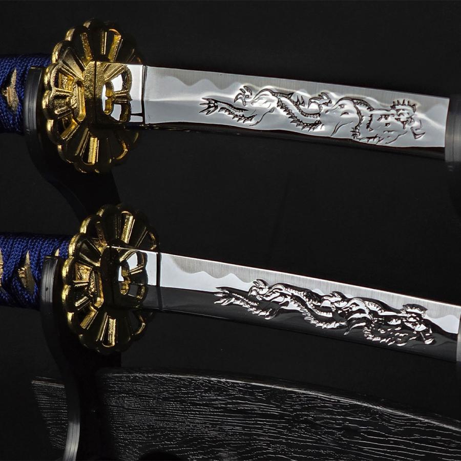 模造刀 ミニミニ竜3点セット マーブル 青 刀掛台付 刀身竜彫