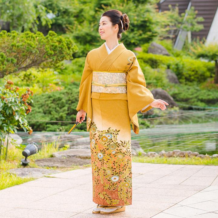 レンタル フルセット 高級正絹 訪問着 HO-FU318 芥子色 辻が花風 結婚