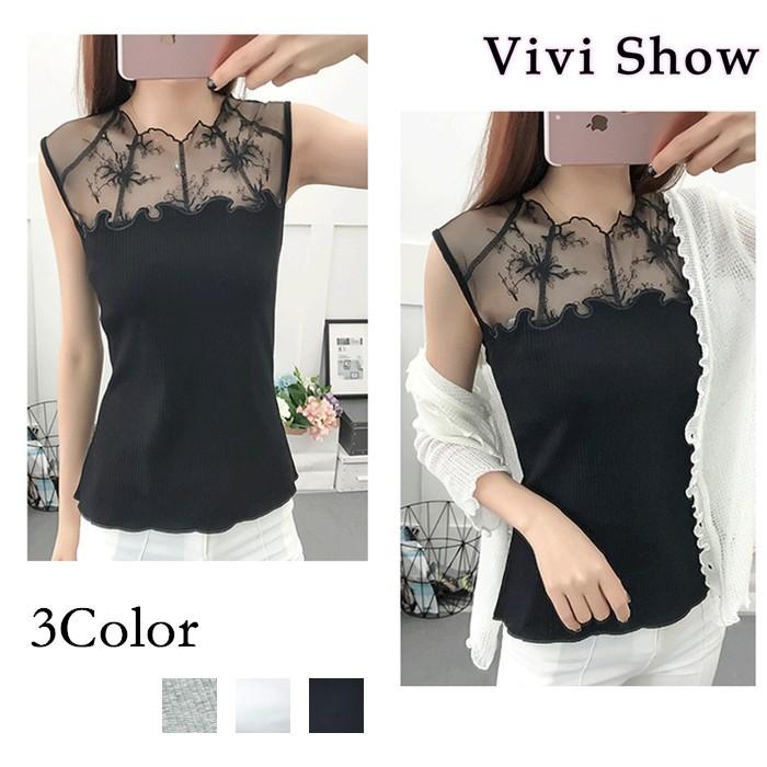 レディースタンクトップシースルートップスノースリーブトップス上品