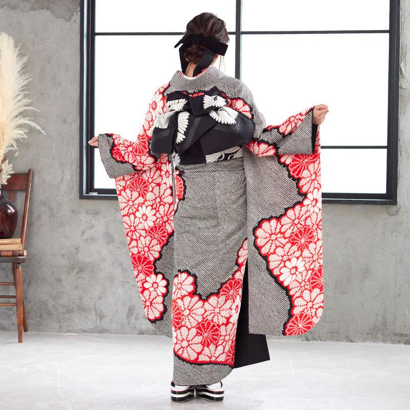 振袖 レンタル 成人式 結婚式 黒 総絞り 赤い菊12月〜1月利用 対応身長