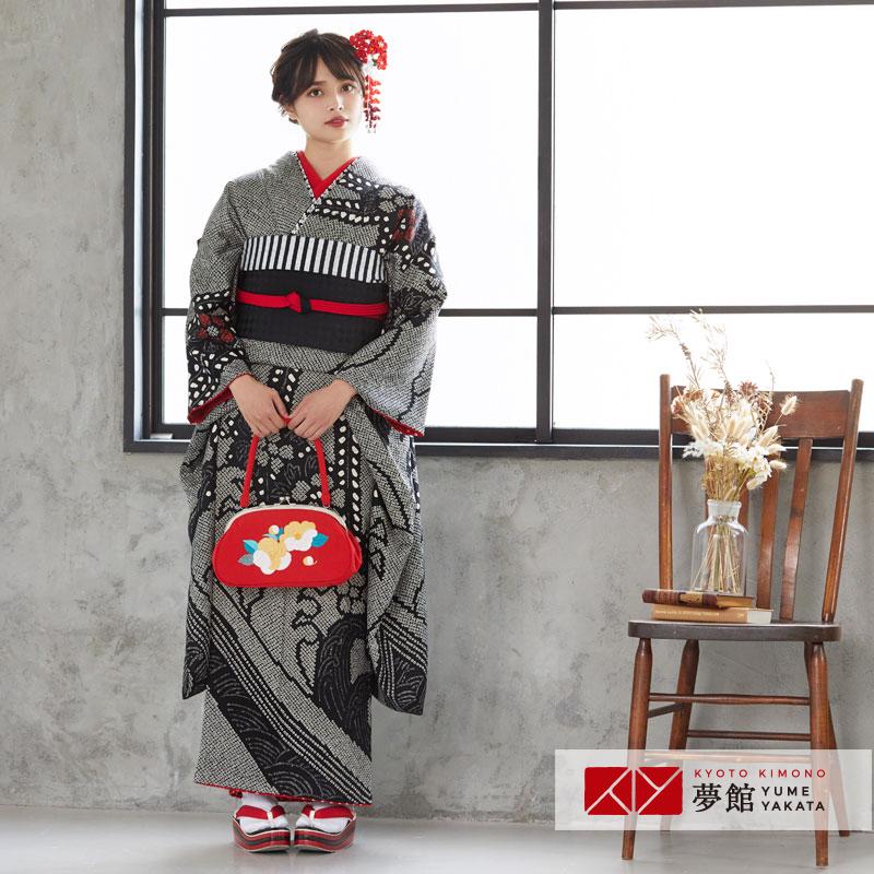振袖 レンタル 成人式 結婚式 黒 絞りに大輪花(絹) 一点物 12月〜1月