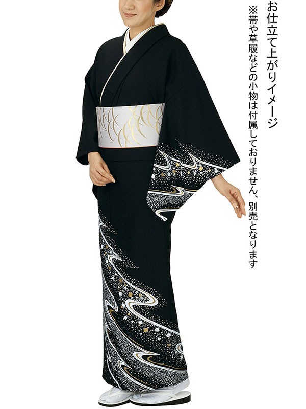 訪問着 着物 反物 女性 男性 結婚式 黒 流水 箔紙 洗える着物 : カメヤ