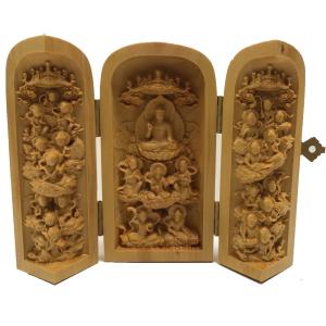 仏龕 ぶつがん 木彫 曹洞宗三尊仏 丸三開仏 高さ10cm 三開仏 仏像 彫刻