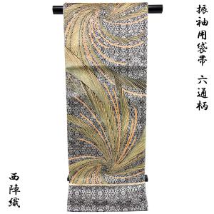 袋帯 -37- 西陣織 タケジ商事 全通柄 正絹 絹100% 茶鼠地 コプト柄