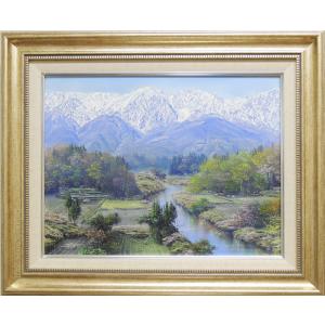 絵画 油絵 常念岳と桜 （小川久雄） 【肉筆】【油絵】【桜絵】【海・山