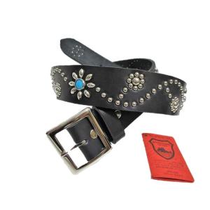 栃木レザー フラワー型 スタッズベルト 黒 クリスタルスポッツ 日本製