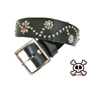 栃木レザー フラワー型 スタッズベルト 黒 レッドスポッツ 日本製 一枚