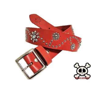 栃木レザー フラワー型 スタッズベルト 赤 レッドスポッツ 日本製 一枚