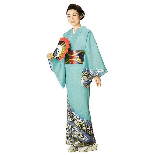 訪問着 女性 プレタ 踊り 絵羽 洗える着物 薄浅葱 観世水 : カメヤ