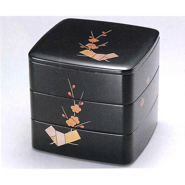 重箱 越前漆器 漆塗り 黒内朱 結び梅 65胴張 三段重箱 19.7cm