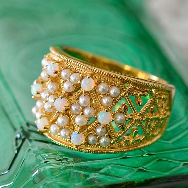 碌山 シードパール＆オパールリング 繊細で華やかなアンティーク