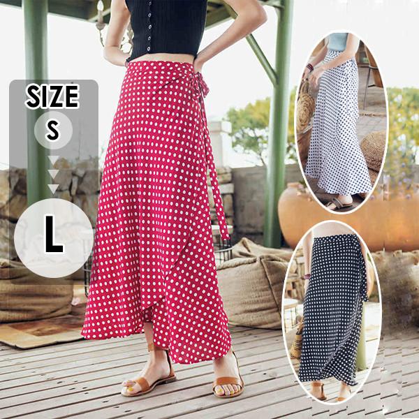 ふんわり フレア スカート ドット柄 マキシ ロングスカート 黒 赤 白