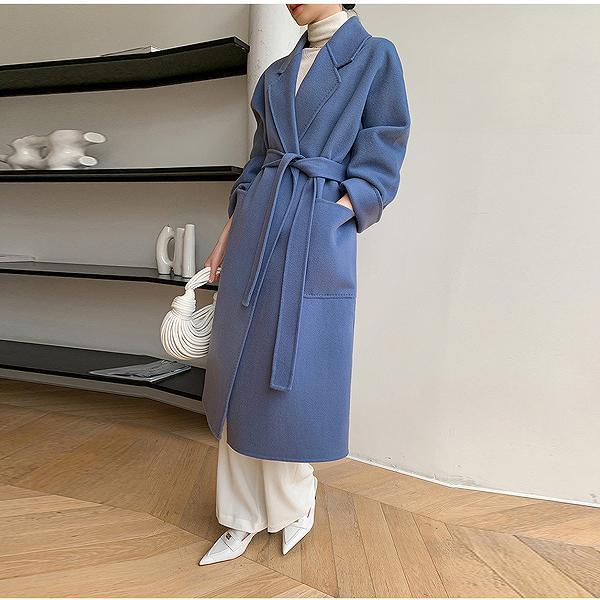 上品ロングコート ウール100% リバーコート スカイブルー ダブル