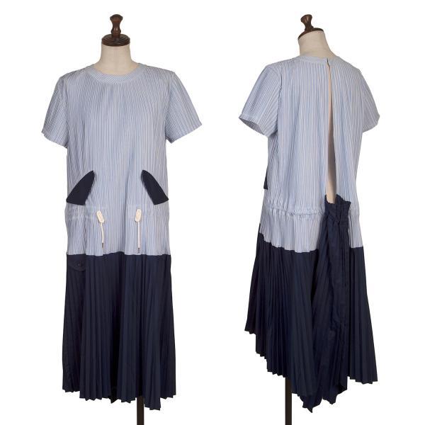 sacai（サカイ） プリーツ切替ストライプシャツワンピース 水色紺他1