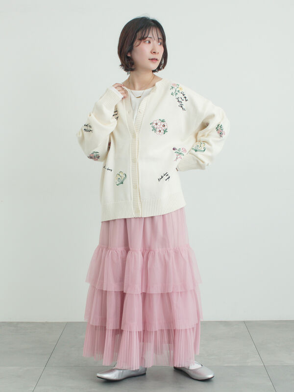 花+ロゴ総柄刺繍カーディガン（オフホワイト/グリーン/ネイビー