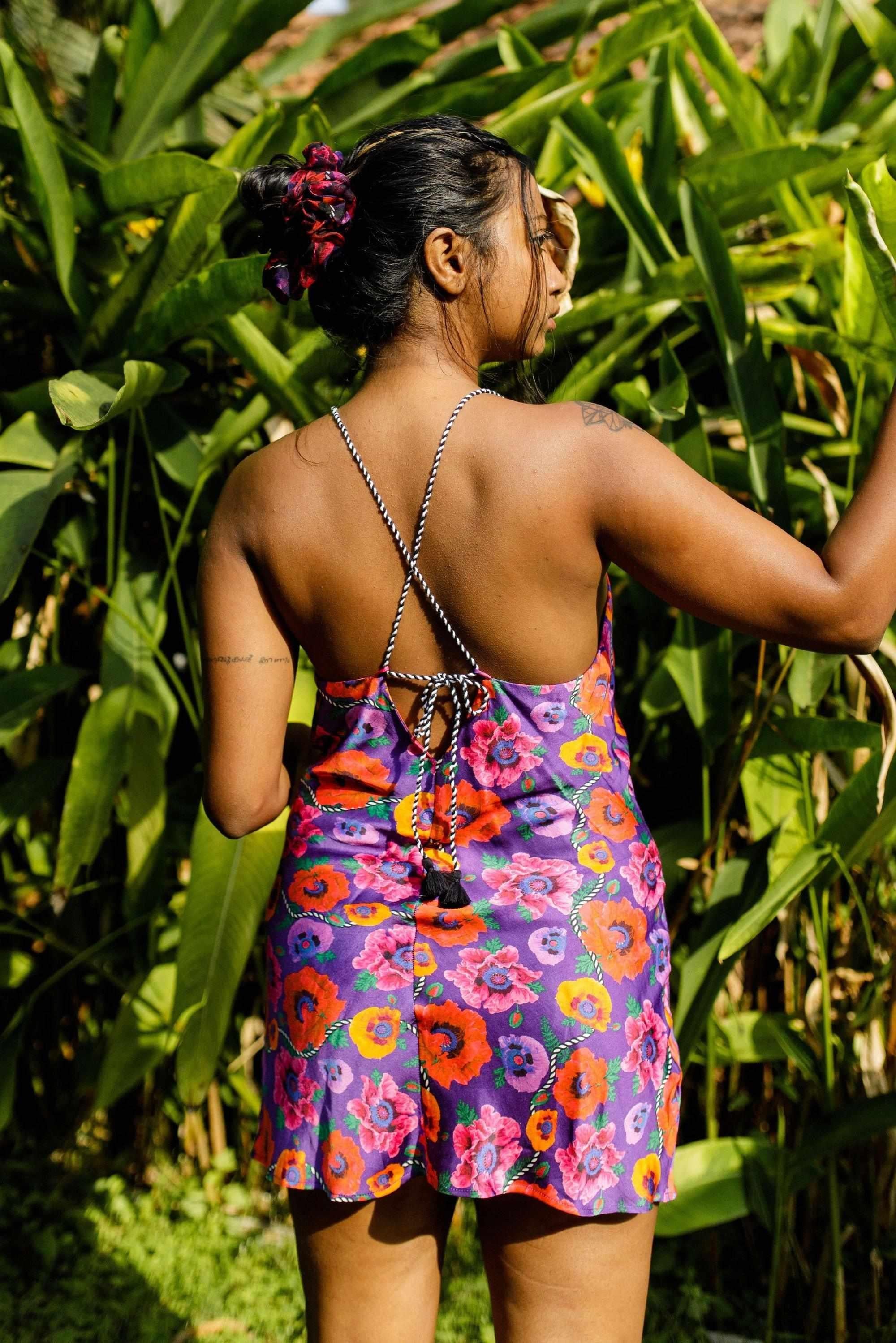 Oriental Poppy Short Slip Dress With Adjustable Handcrafted Straps