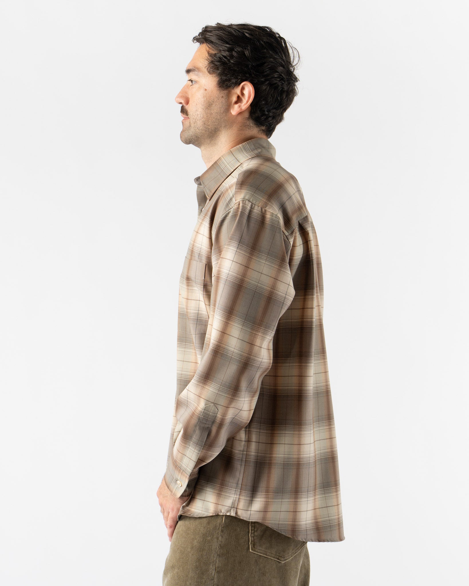 Auralee Super Light Wool Check Shirt in Gray Brown Check Curated