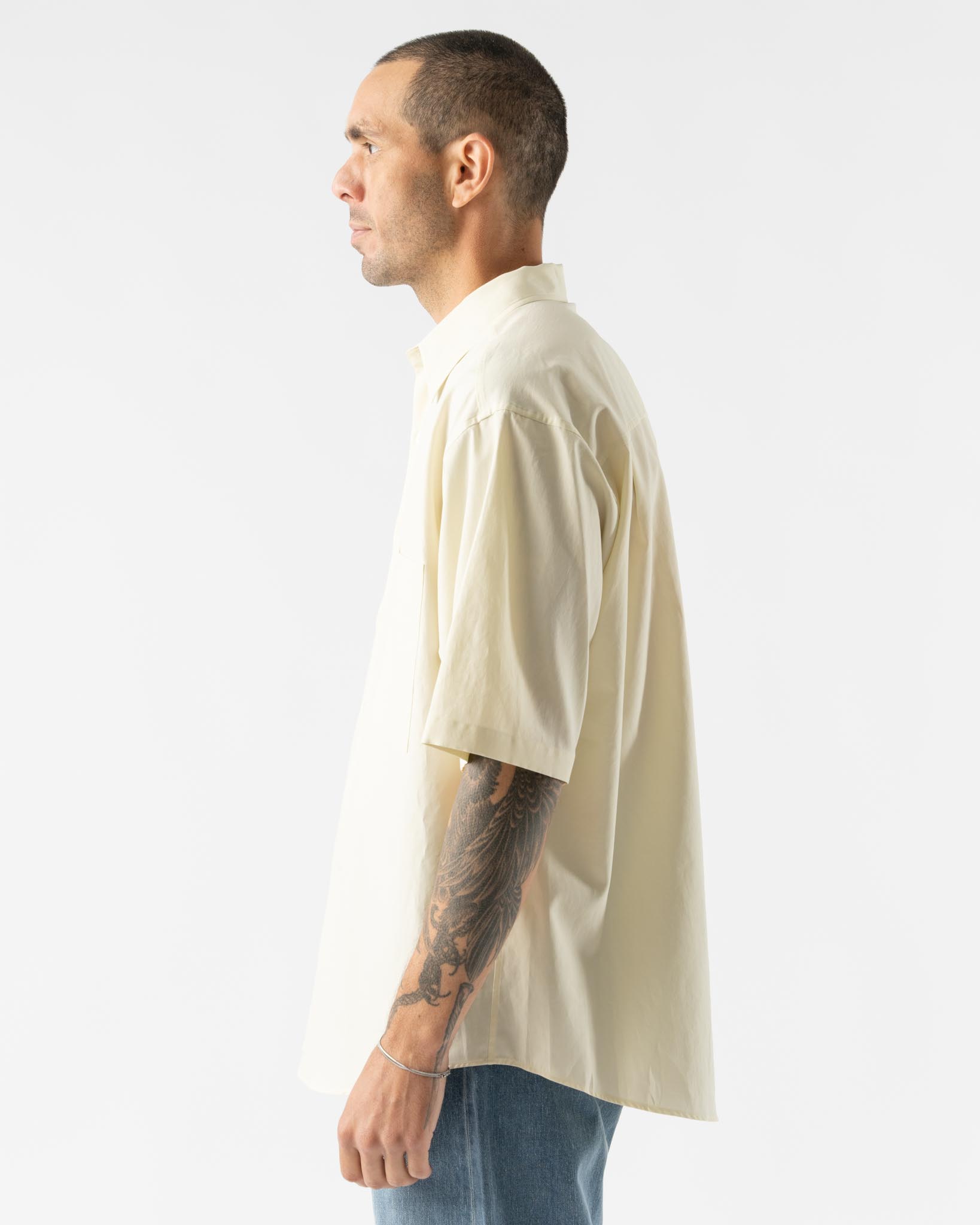Auralee Washed Finx Twill Big Half Sleeved Shirt in Light Yellow