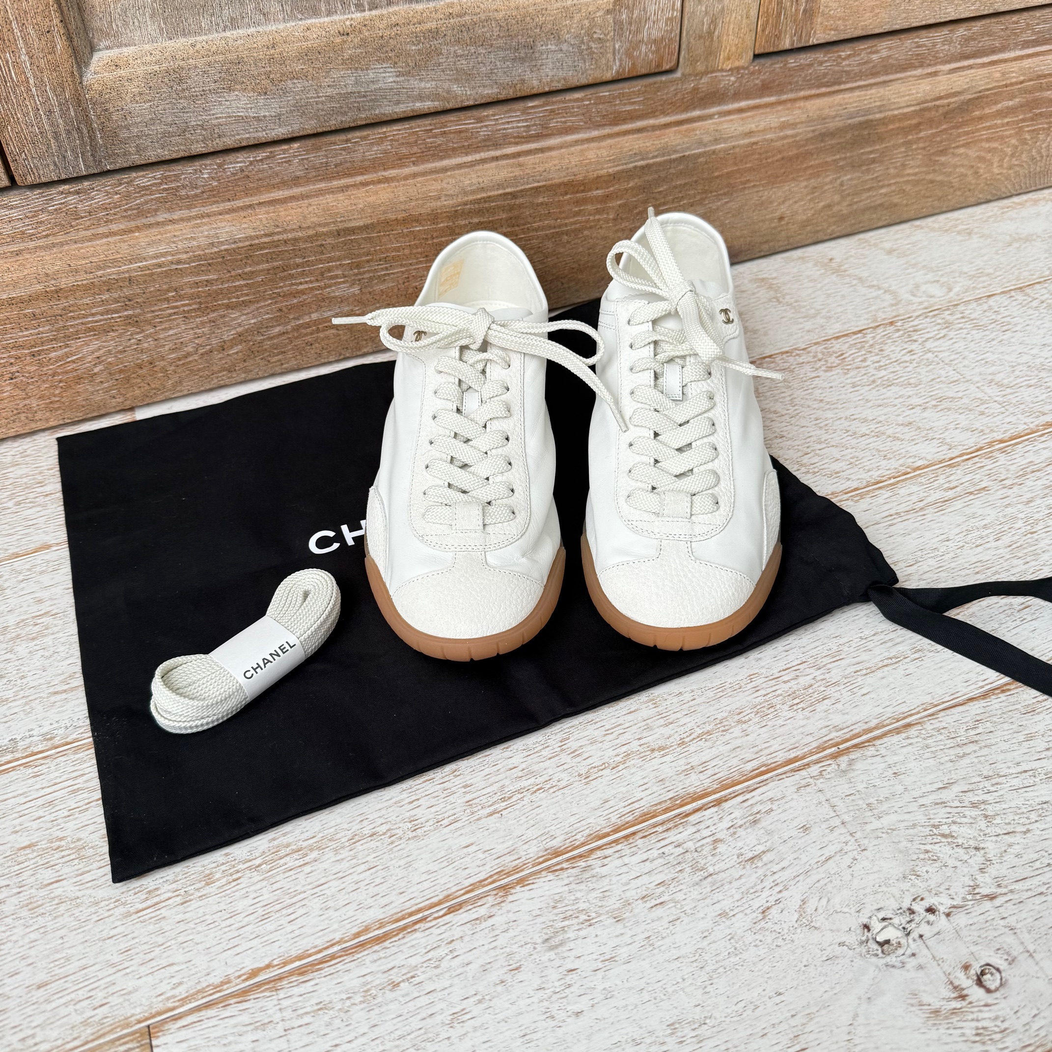 Chanel White Calfskin & Suede Low-Top Sneakers Sz 40 at Jill's