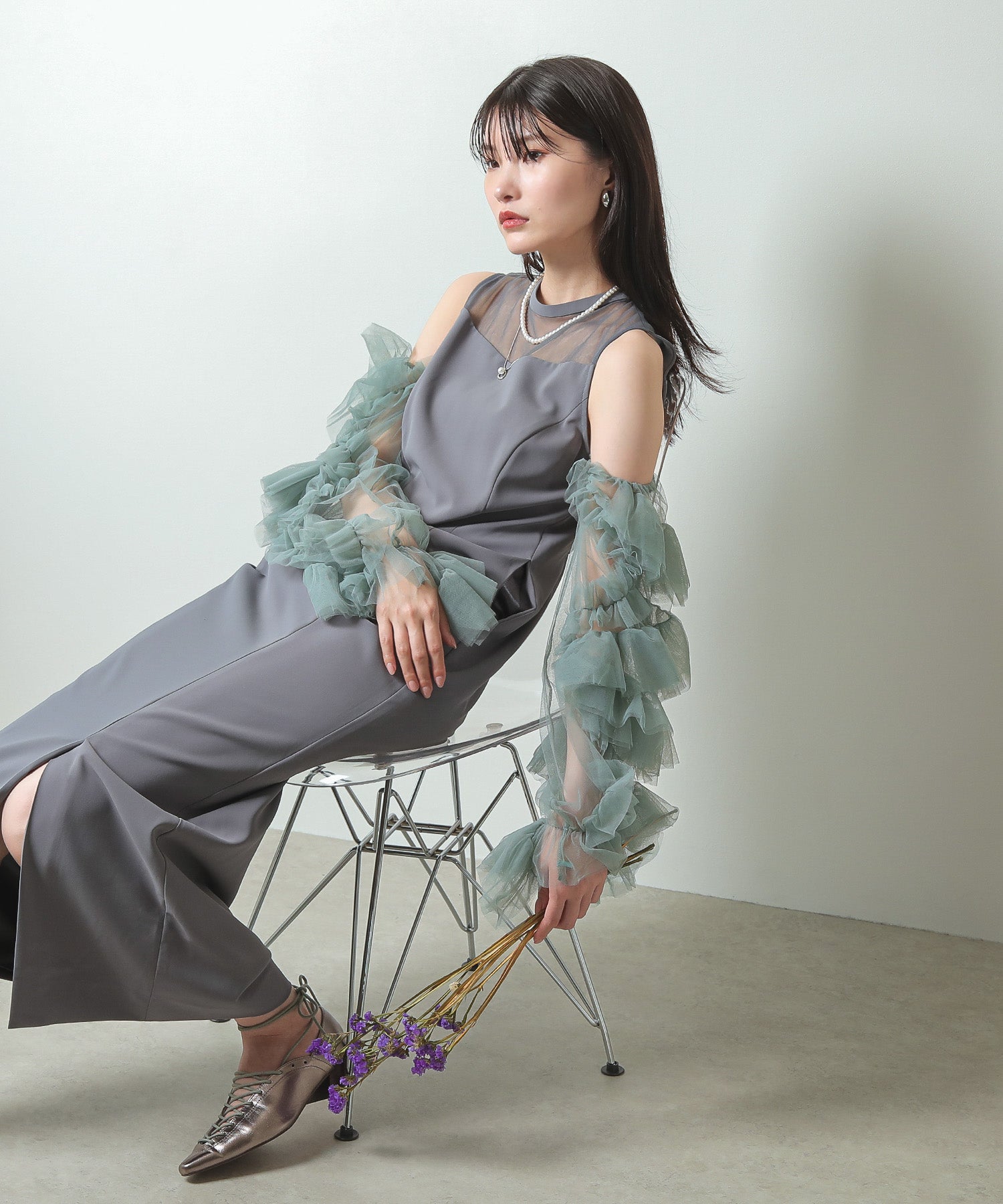 チュールフリル Iライン 2way ドレス 結婚式 お呼ばれ