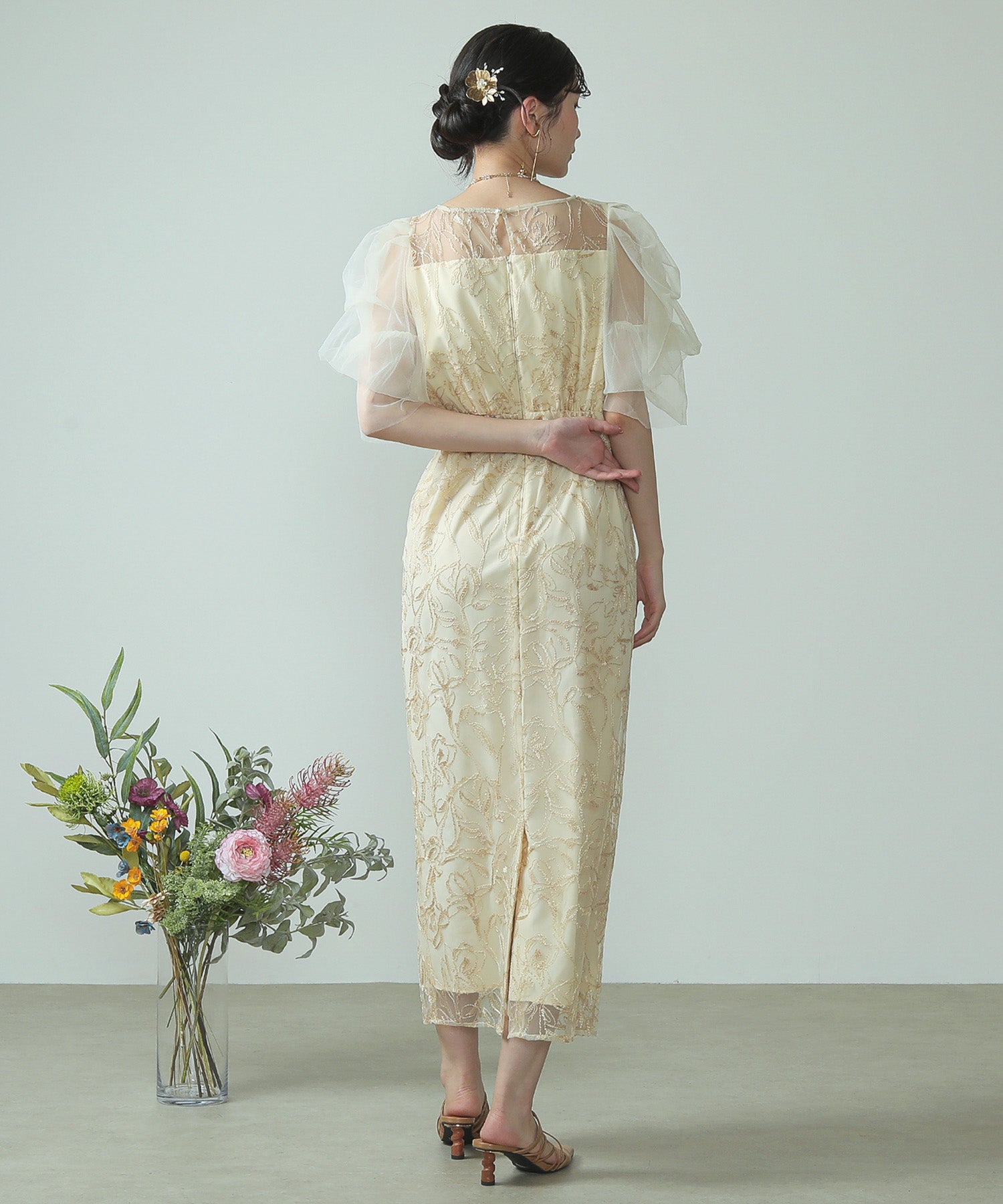 刺繍レース チュールスリーブ パーティードレス