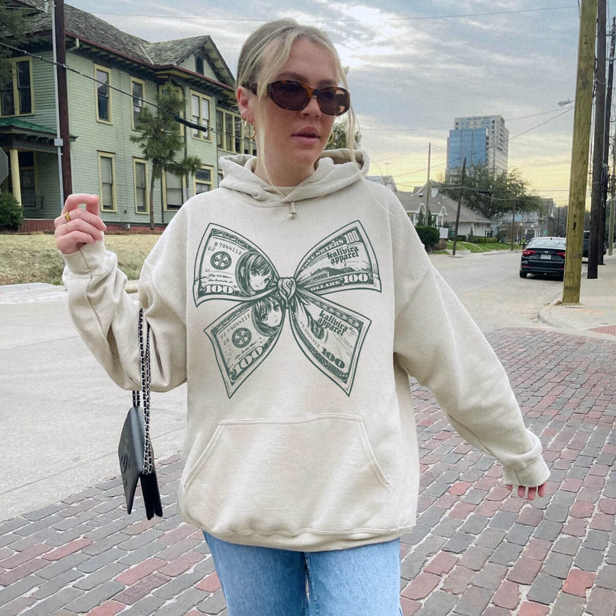 Coquette Money Bow Hoodie - Aesthetic Dollar Bill Graphic Hooded