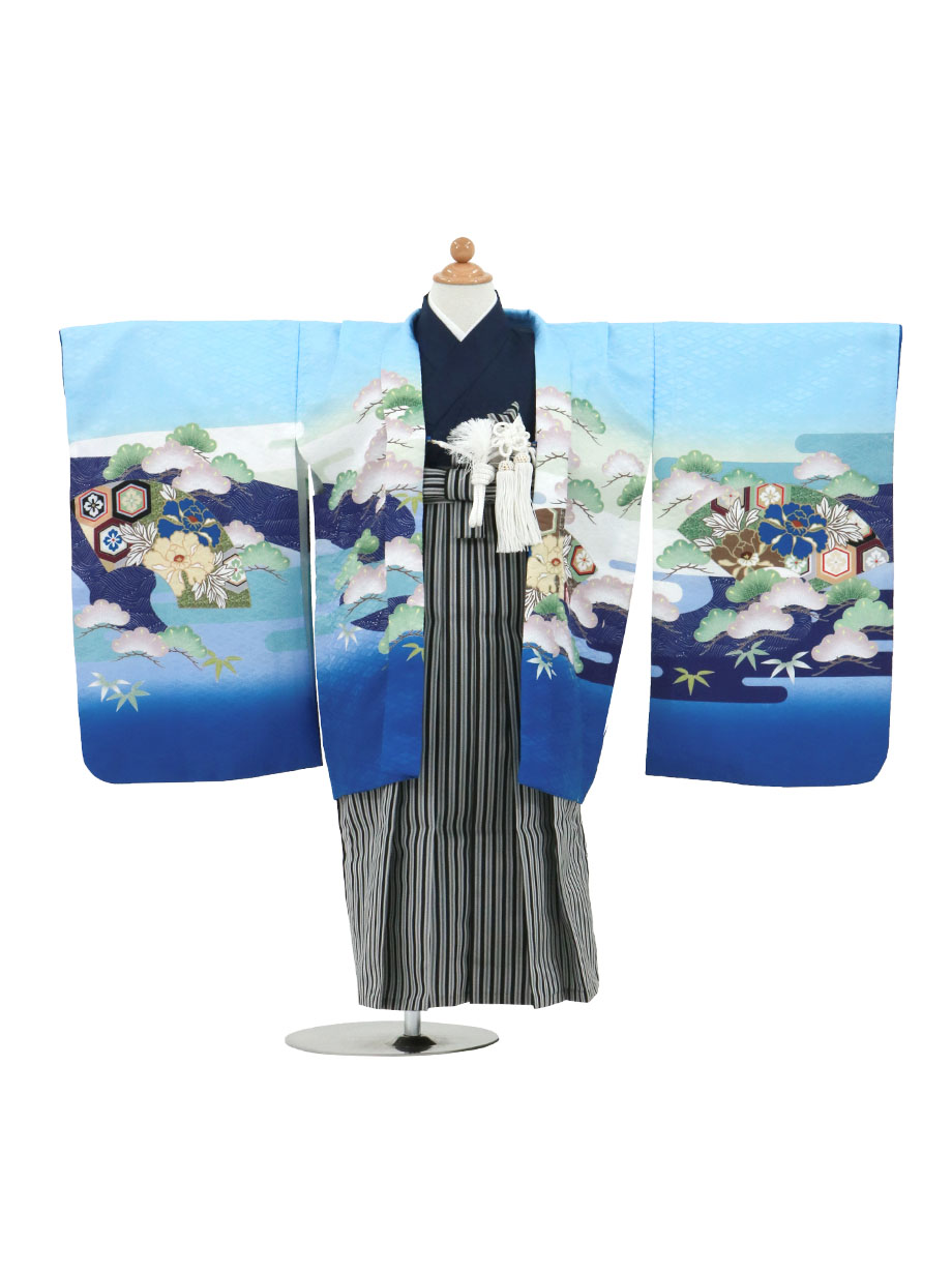 水色地に兜と扇、黒縞の袴／七五三・五歳男の子・袴 | 宅配着物
