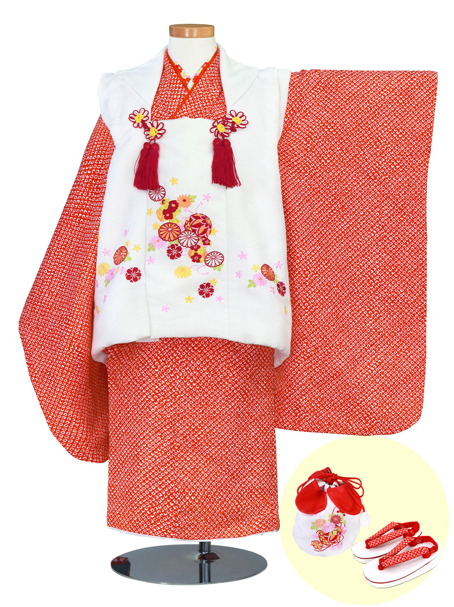 赤地に総疋田柄、白の被布コートセット／七五三・三歳女の子 | 宅配